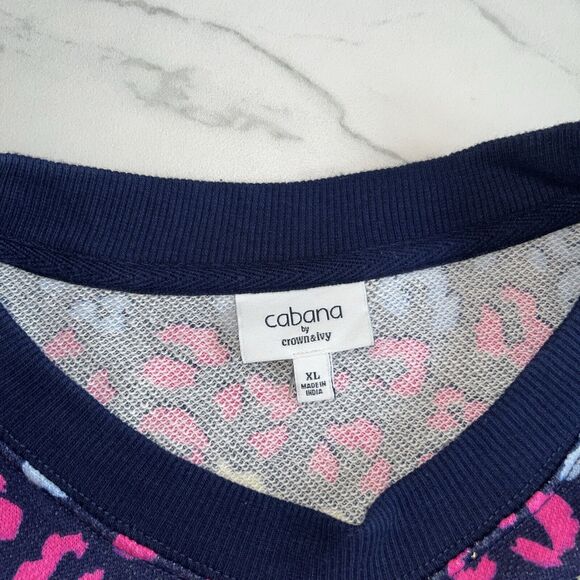 Cabana Crown & Ivy Tunic Sweatshirt XL Navy Blue Colorful All Over Leopard Print - Picture 2 of 10